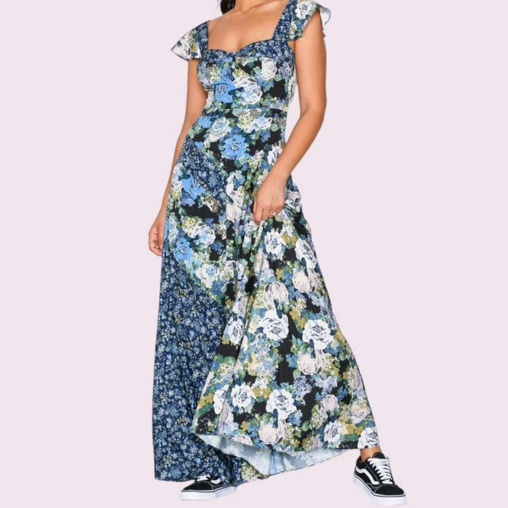 FREE PEOPLE Blue La Fleur Maxi Dress with Floral Patchwork (8)